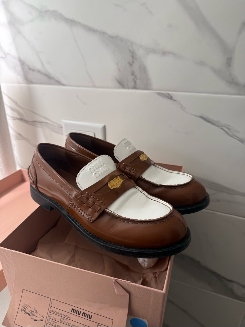 Miu Miu Penny Two-Tone Brown and White Leather Loafers